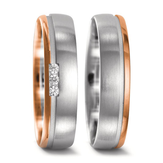 Anillo de pareja 750/oro blanco de 18 quilates, 750/oro rojo de 18 quilates Diamante 0.045 ct, 3 piedras, w-si