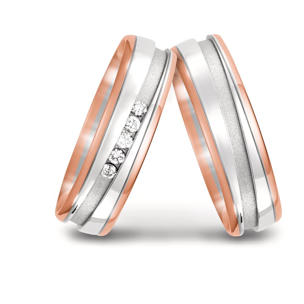 Anillo de pareja 750/oro rojo de 18 quilates, 750/oro blanco de 18 quilates Diamante 0.10 ct, 5 piedras, w-si