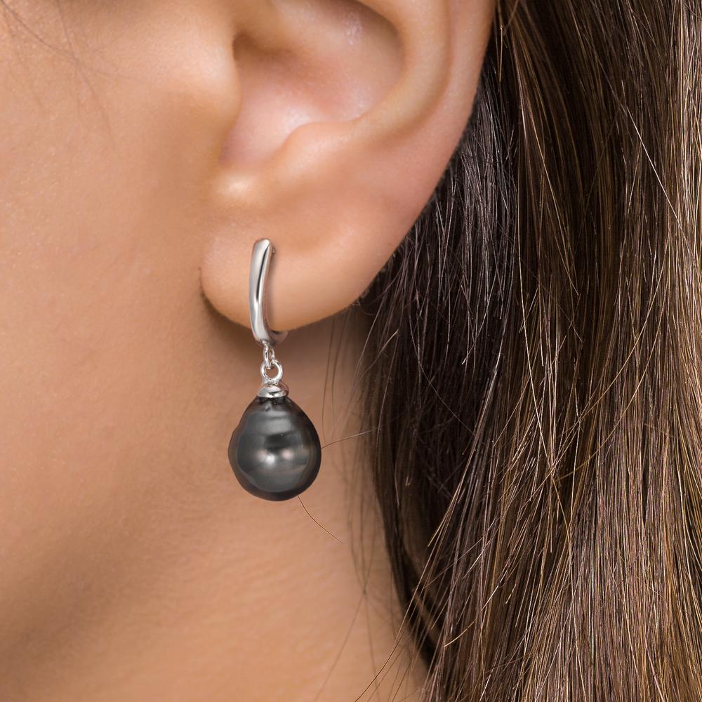 Aro con bisagra Plata Rodio plateado Perla de Tahití, 2 Perlas 9-10 mm