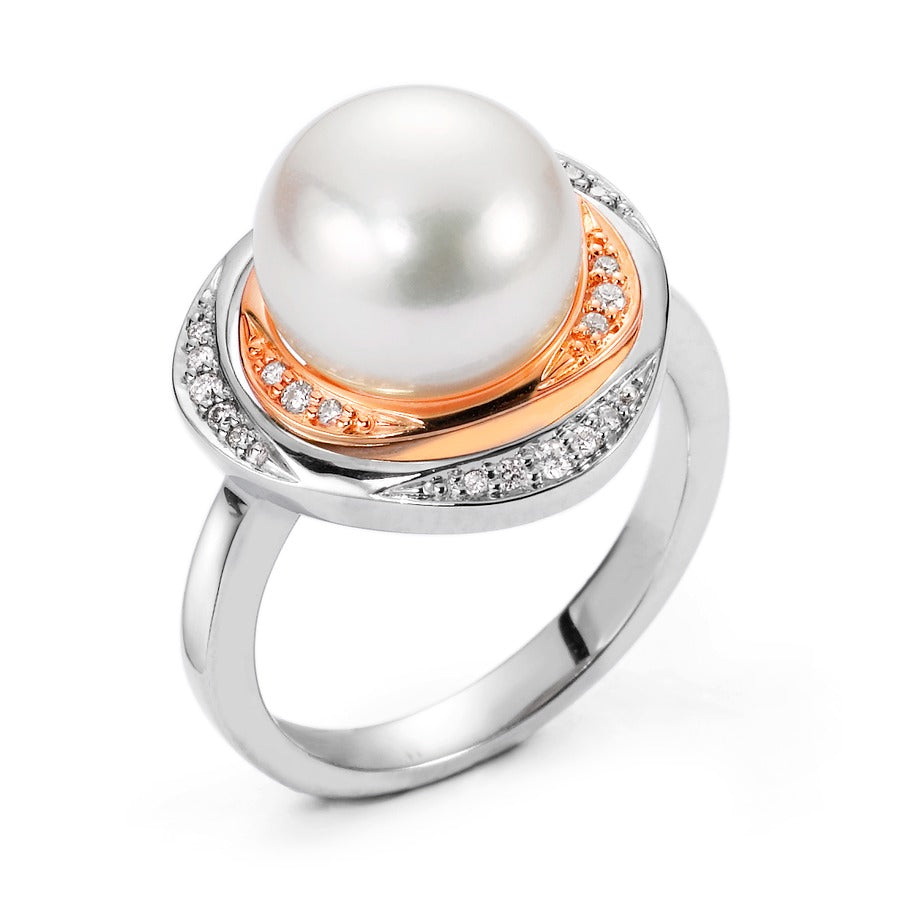 Anillo de dedo 750/oro blanco de 18 quilates, 750/oro rojo de 18 quilates Diamante 0.115 ct, 23 piedras, w-si Perla cultivada de agua dulce blanco 10-11 mm