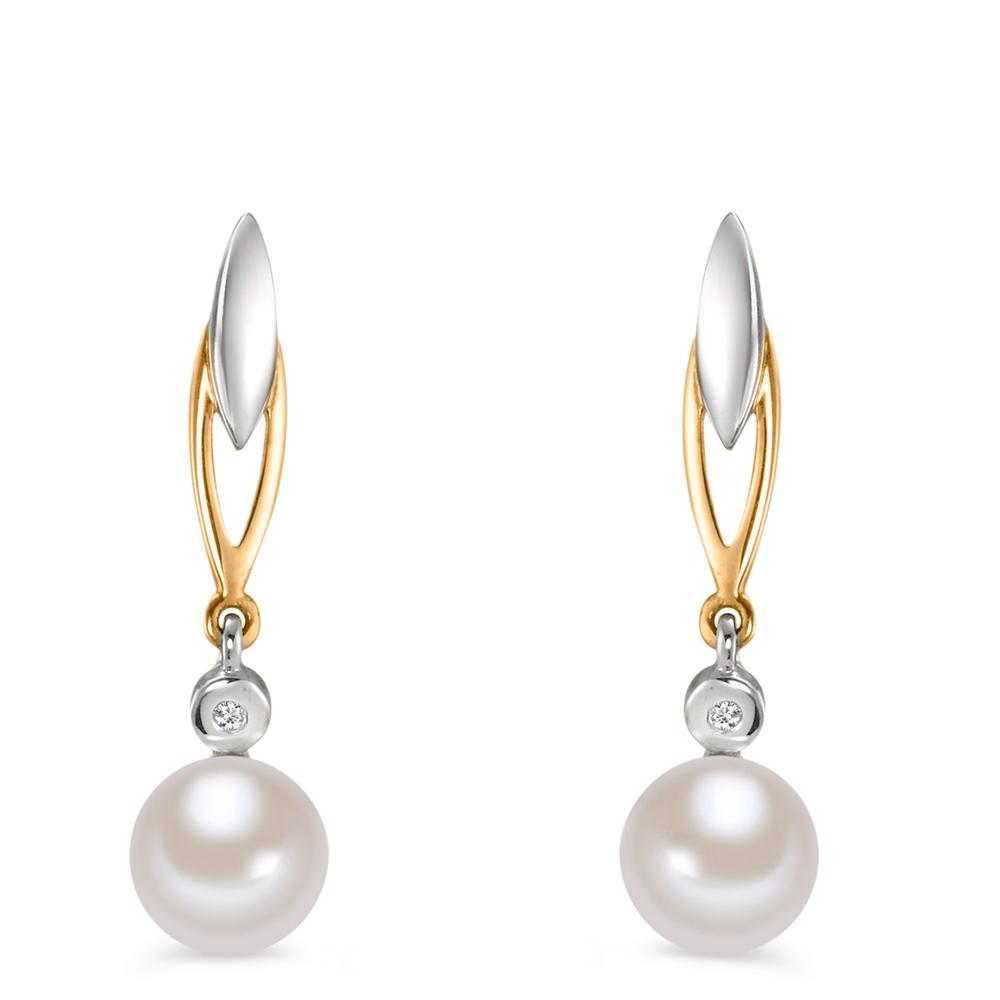 Pendientes Oro amarillo de 375/9K Diamante 0.01 ct, 2 piedras, w-si Perla cultivada de agua dulce blanco, 2 Perlas 6-6.5 mm