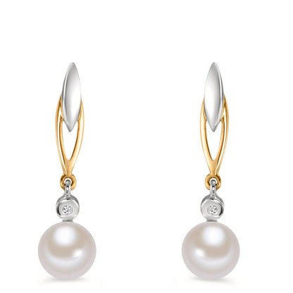 Pendientes Oro amarillo de 375/9K Diamante 0.01 ct, 2 piedras, w-si Perla cultivada de agua dulce blanco, 2 Perlas 6-6.5 mm