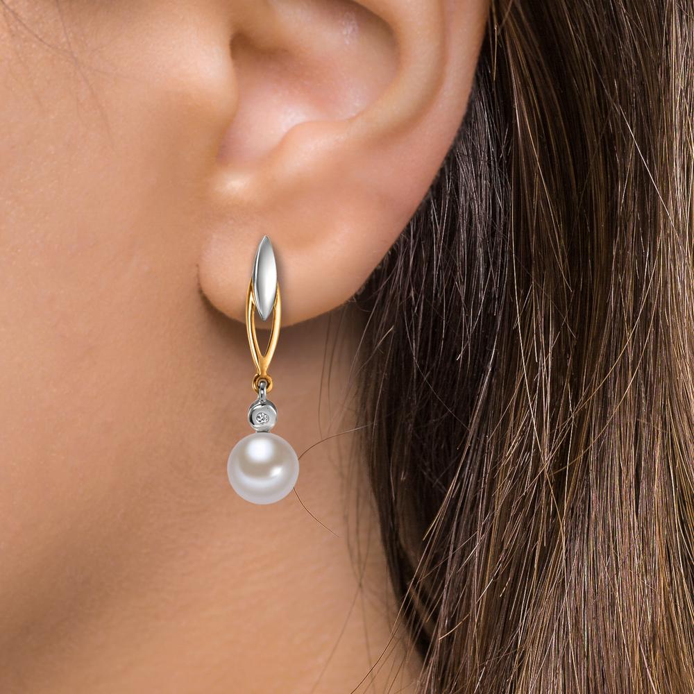 Pendientes Oro amarillo de 375/9K Diamante 0.01 ct, 2 piedras, w-si Perla cultivada de agua dulce blanco, 2 Perlas 6-6.5 mm