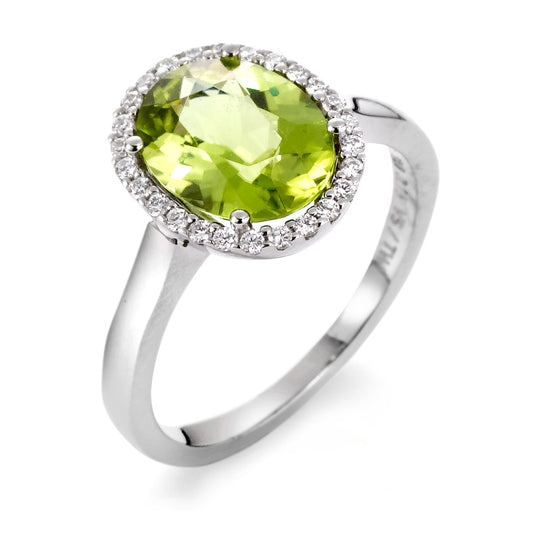 Anillo de dedo 750/oro blanco de 18 quilates Peridoto verde, Diamante 0.15 ct, 26 piedras, tw-vsi