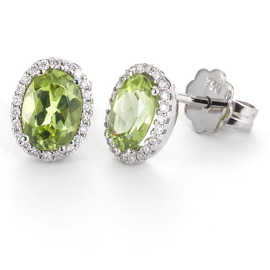 Pendientes 750/oro blanco de 18 quilates Peridoto verde, 2 piedras, [oval], Diamante blanco, 0.18 ct, 44 piedras, tw-vsi