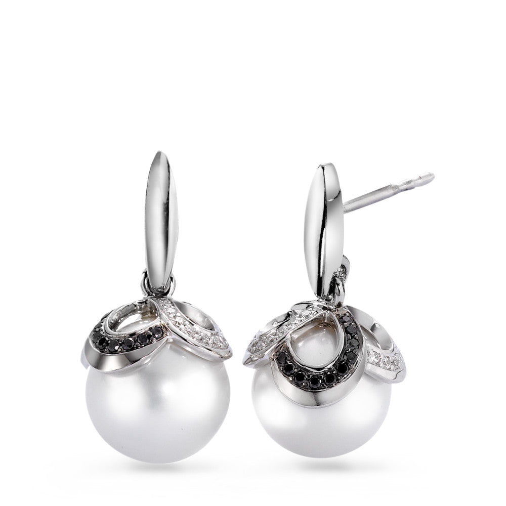 Pendientes 750/oro blanco de 18 quilates Diamante negro, 0.32 ct, 80 piedras, [Brillant], tw-vsi Perla cultivada de agua dulce blanco, 2 Perlas, 10 mm