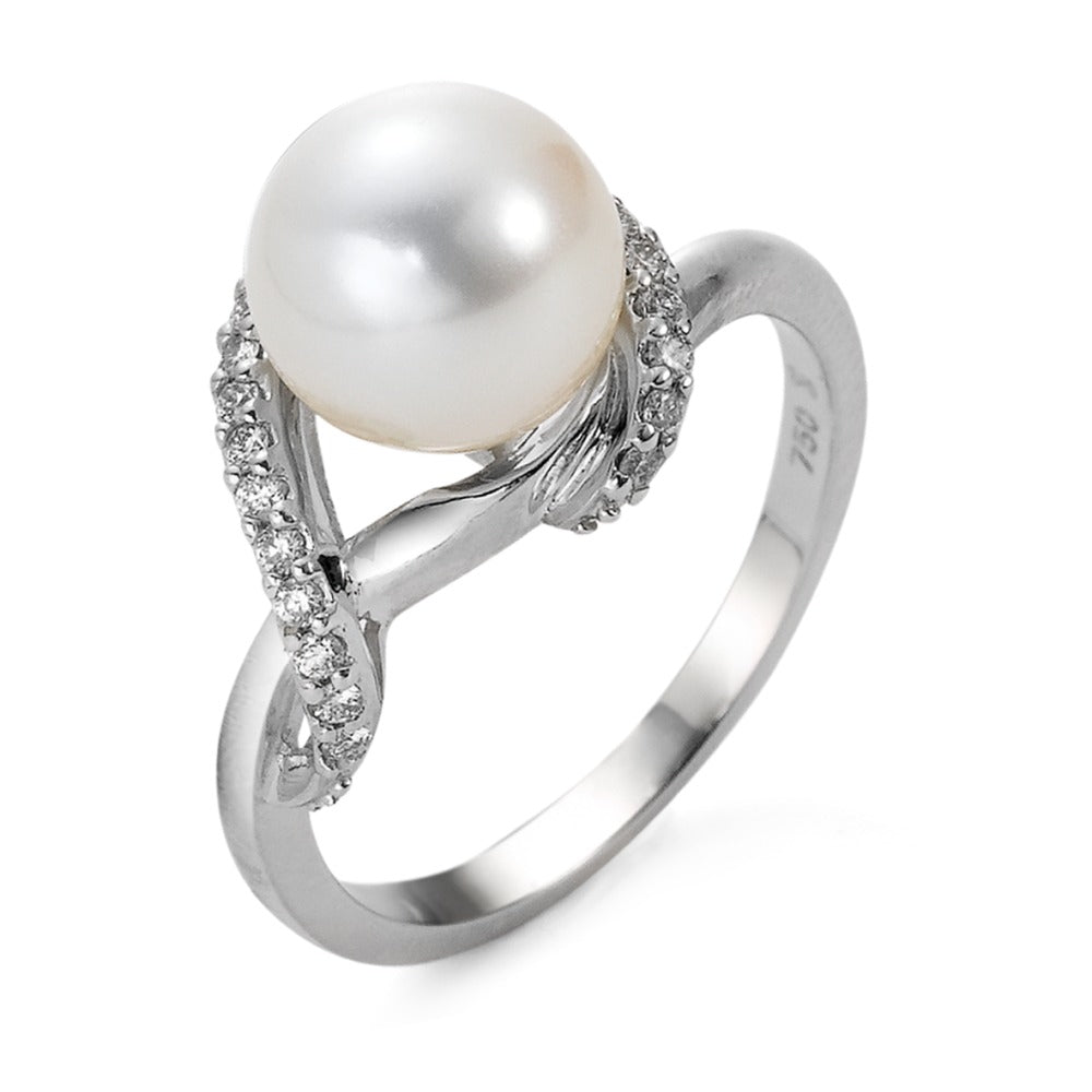 Anillo de dedo 750/oro blanco de 18 quilates Diamante 0.20 ct, 23 piedras, w-si Perla cultivada de agua dulce blanco, 9 mm