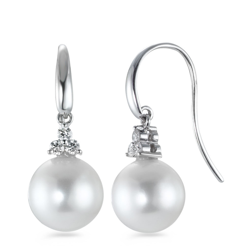 Pendientes 750/oro blanco de 18 quilates Diamante 0.20 ct, 6 piedras, w-si Perla cultivada de agua dulce blanco, 2 Perlas, 10 mm