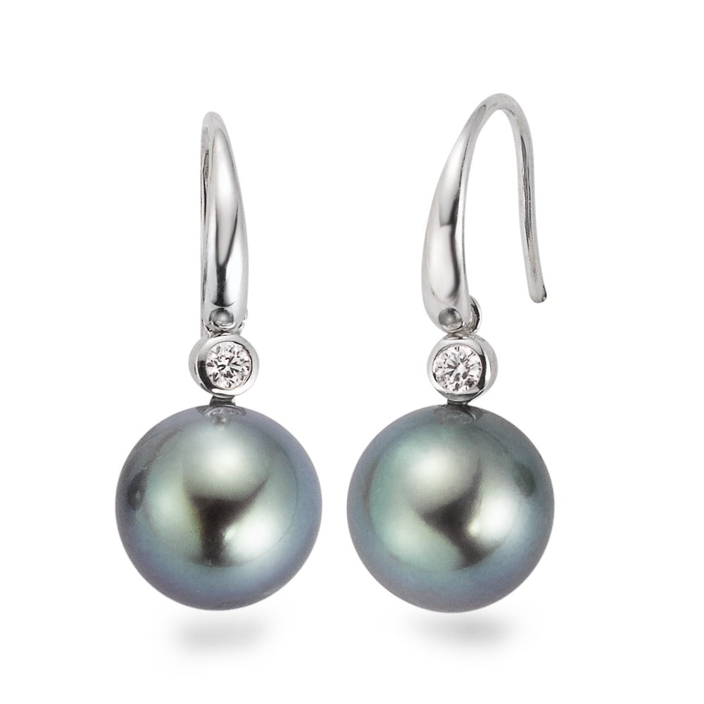 Pendientes 750/oro blanco de 18 quilates Diamante 0.09 ct, 2 piedras, w-si Perla de Tahití Gris, 2 Perlas, 10 mm