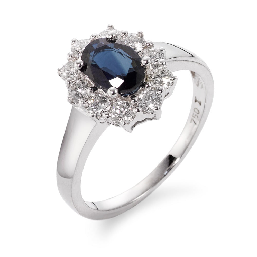 Anillo de dedo 750/oro blanco de 18 quilates Zafiro azul, 0.88 ct, Diamante 0.555 ct, 10 piedras, w-si