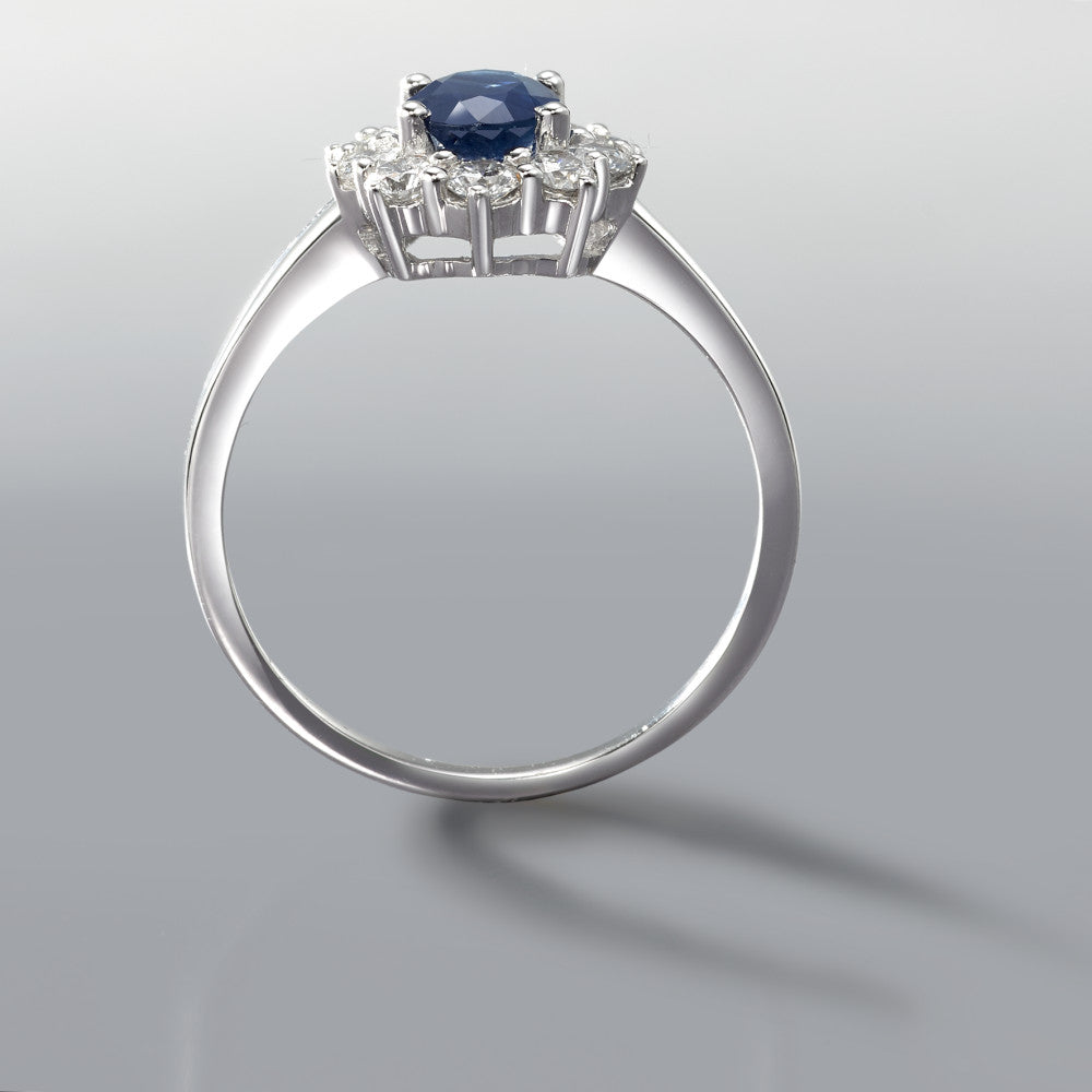 Anillo de dedo 750/oro blanco de 18 quilates Zafiro azul, 0.88 ct, Diamante 0.555 ct, 10 piedras, w-si