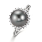 Anillo de dedo 750/oro blanco de 18 quilates Diamante 0.27 ct, 22 piedras, w-si Perla de Tahití Gris, 10 mm