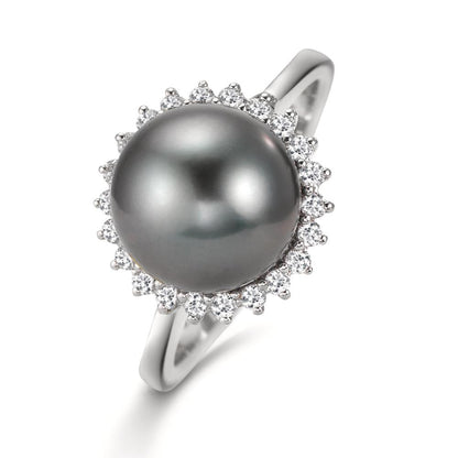 Anillo de dedo 750/oro blanco de 18 quilates Diamante 0.27 ct, 22 piedras, w-si Perla de Tahití Gris, 10 mm