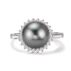 Anillo de dedo 750/oro blanco de 18 quilates Diamante 0.27 ct, 22 piedras, w-si Perla de Tahití Gris, 10 mm