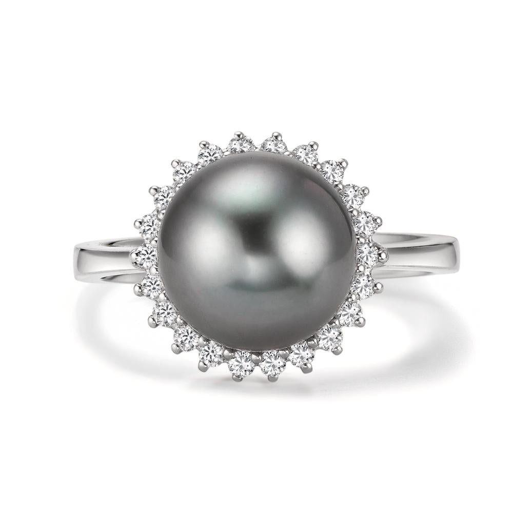 Anillo de dedo 750/oro blanco de 18 quilates Diamante 0.27 ct, 22 piedras, w-si Perla de Tahití Gris, 10 mm