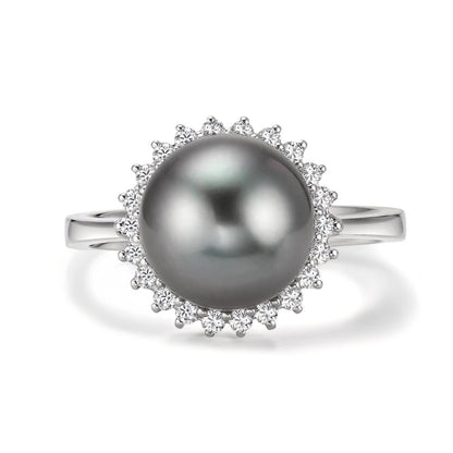 Anillo de dedo 750/oro blanco de 18 quilates Diamante 0.27 ct, 22 piedras, w-si Perla de Tahití Gris, 10 mm