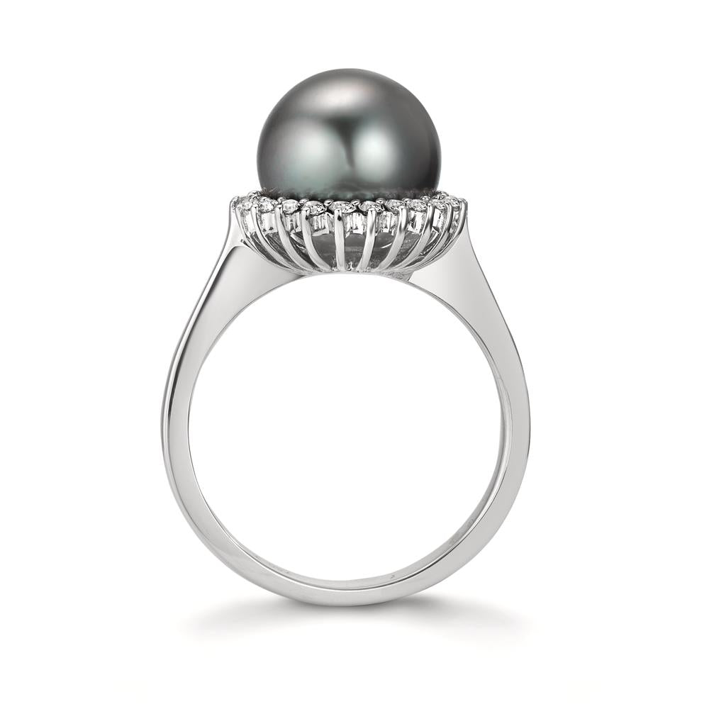 Anillo de dedo 750/oro blanco de 18 quilates Diamante 0.27 ct, 22 piedras, w-si Perla de Tahití Gris, 10 mm