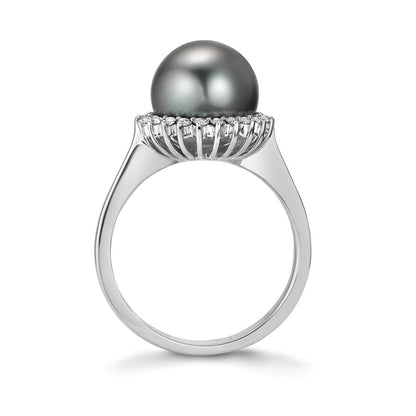Anillo de dedo 750/oro blanco de 18 quilates Diamante 0.27 ct, 22 piedras, w-si Perla de Tahití Gris, 10 mm