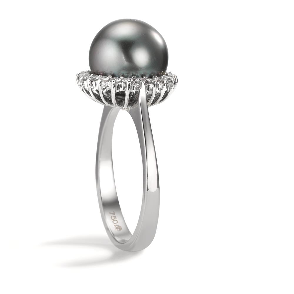 Anillo de dedo 750/oro blanco de 18 quilates Diamante 0.27 ct, 22 piedras, w-si Perla de Tahití Gris, 10 mm