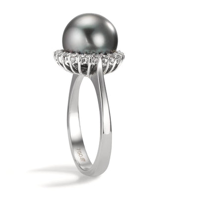 Anillo de dedo 750/oro blanco de 18 quilates Diamante 0.27 ct, 22 piedras, w-si Perla de Tahití Gris, 10 mm