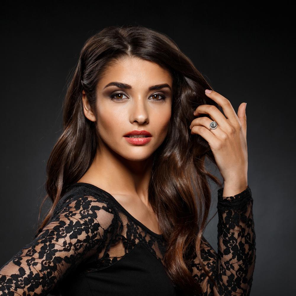 Anillo de dedo 750/oro blanco de 18 quilates Diamante 0.27 ct, 22 piedras, w-si Perla de Tahití Gris, 10 mm