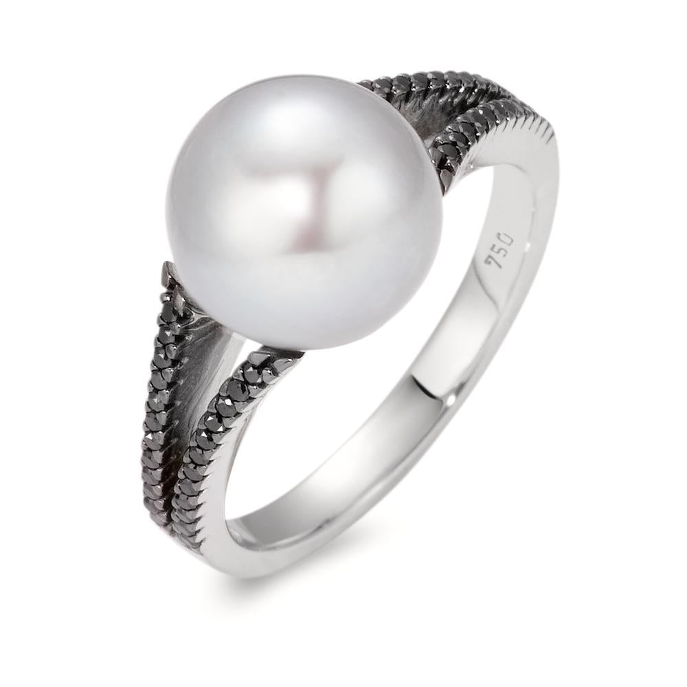 Anillo de dedo 750/oro blanco de 18 quilates Diamante negro, 0.19 ct, 48 piedras, [Achtkant] Perla cultivada de agua dulce, 10.5 mm