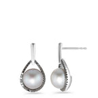 Pendientes 750/oro blanco de 18 quilates Diamante negro, 0.24 ct, 62 piedras, [Achtkant] Perla cultivada de agua dulce blanco, 2 Perlas, 8.5 mm