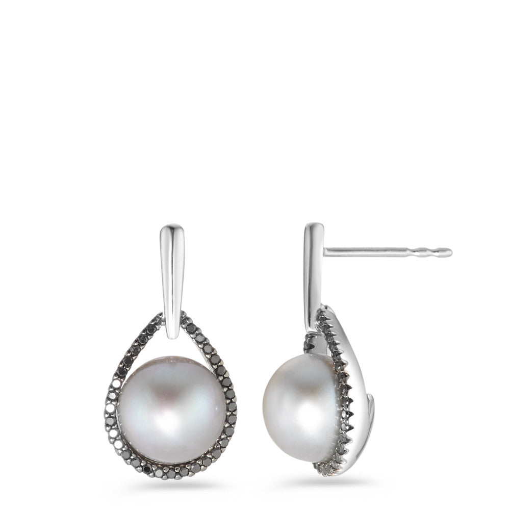 Pendientes 750/oro blanco de 18 quilates Diamante negro, 0.24 ct, 62 piedras, [Achtkant] Perla cultivada de agua dulce blanco, 2 Perlas, 8.5 mm