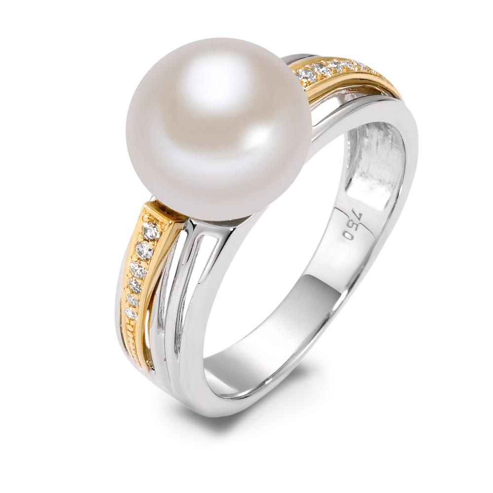Anillo de dedo 750/oro amarillo de 18 quilates, 750/oro blanco de 18 quilates Diamante blanco, 0.06 ct, 12 piedras, [Brillant], w-si Perla cultivada de agua dulce blanco 9.5-10 mm