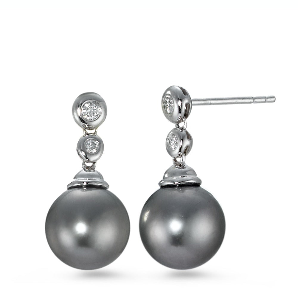 Pendientes 750/oro blanco de 18 quilates Diamante 0.09 ct, 4 piedras, w-si Perla de Tahití Gris, 2 Perlas, 10 mm