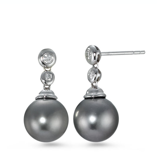 Pendientes 750/oro blanco de 18 quilates Diamante 0.09 ct, 4 piedras, w-si Perla de Tahití Gris, 2 Perlas, 10 mm