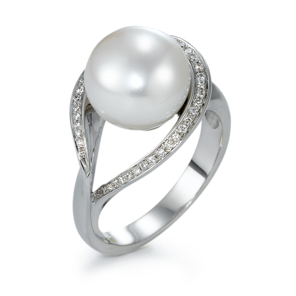 Anillo de dedo 750/oro blanco de 18 quilates Diamante 0.13 ct, 40 piedras, w-si Perla cultivada de agua dulce blanco, 11 mm