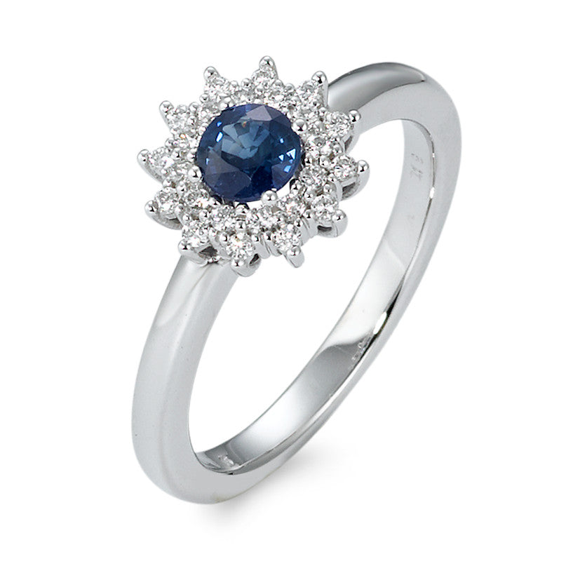 Anillo de dedo 750/oro blanco de 18 quilates Zafiro azul, Diamante blanco, 0.19 ct, 25 piedras, [Brillant], w-si