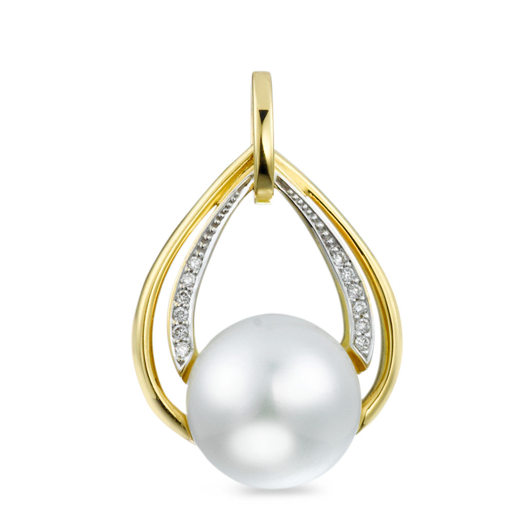 Colgante 750/oro amarillo de 18 quilates Diamante 0.05 ct, 12 piedras, [Brillant], w-si Perla cultivada de agua dulce blanco, 10.5 mm