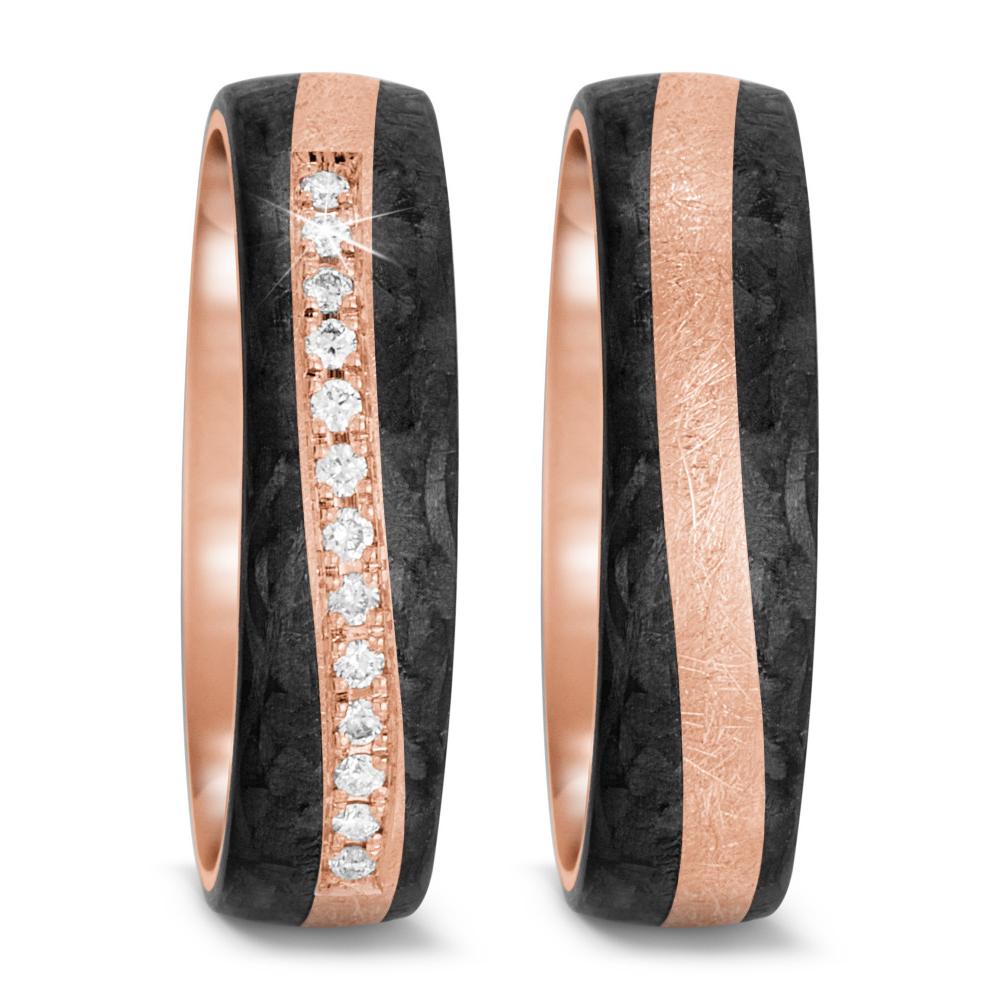 Anillo de pareja oro rosa de 585/14 kt, Carbón Diamante 0.091 ct, 13 piedras, tw-si