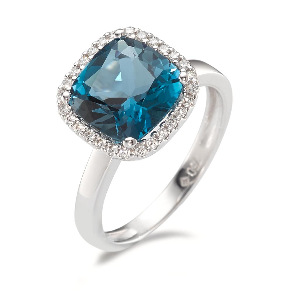 Anillo de dedo 750/oro blanco de 18 quilates Topacio azul de Londres, Diamante 0.14 ct, 28 piedras, [Brillant], w-si