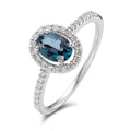 Anillo de dedo 750/oro blanco de 18 quilates Topacio azul de Londres [oval], Diamante blanco, 0.19 ct, w-si