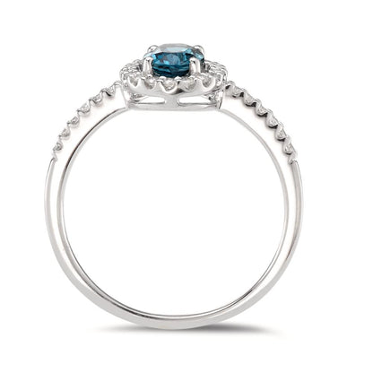 Anillo de dedo 750/oro blanco de 18 quilates Topacio azul de Londres [oval], Diamante blanco, 0.19 ct, w-si