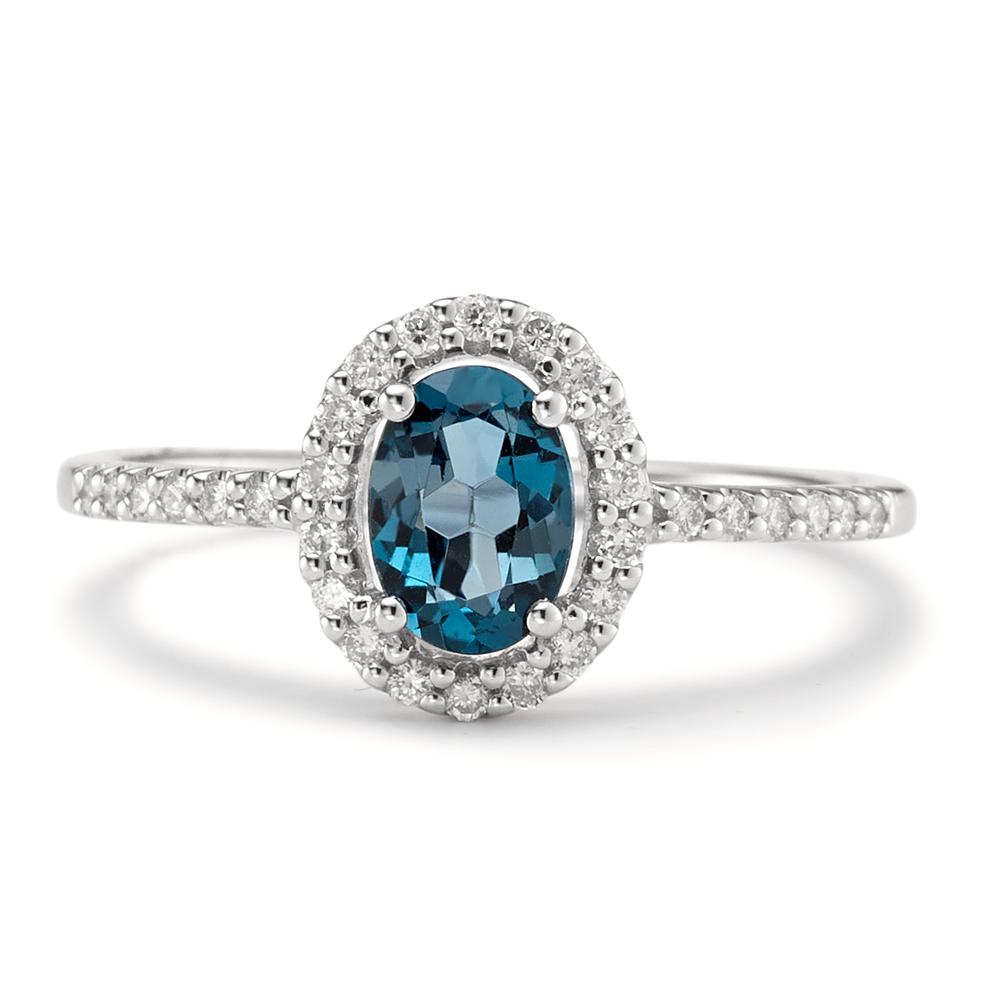 Anillo de dedo 750/oro blanco de 18 quilates Topacio azul de Londres [oval], Diamante blanco, 0.19 ct, w-si