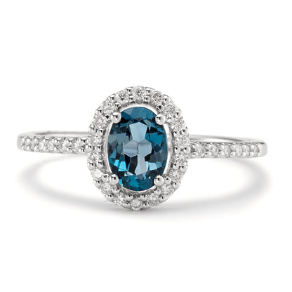 Anillo de dedo 750/oro blanco de 18 quilates Topacio azul de Londres [oval], Diamante blanco, 0.19 ct, w-si
