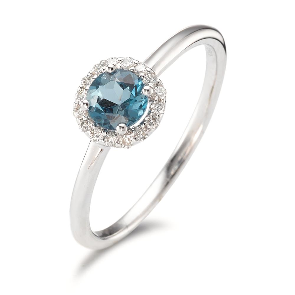 Anillo de dedo 750/oro blanco de 18 quilates Topacio azul de Londres, Diamante 0.11 ct, 16 piedras, [Brillant], w-si