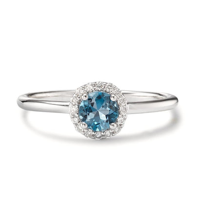 Anillo de dedo 750/oro blanco de 18 quilates Topacio azul de Londres, Diamante 0.11 ct, 16 piedras, [Brillant], w-si