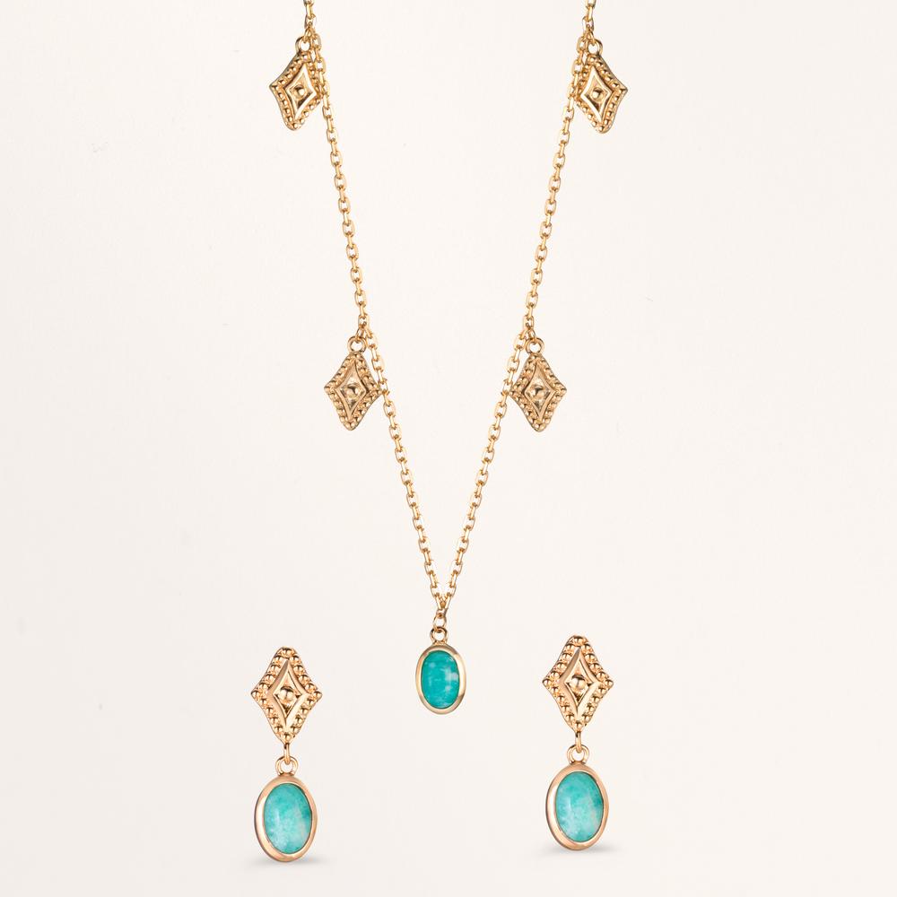 Pendientes Bronce Amazonita 2 piedras Dorado