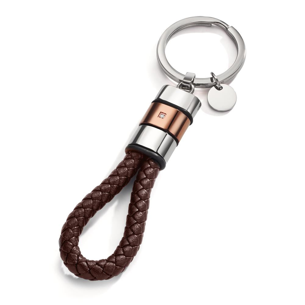 Llavero Acero inoxidable, Cuero, Caucho Circonita Marrón Recubierto de IP 11 cm Ø30 mm