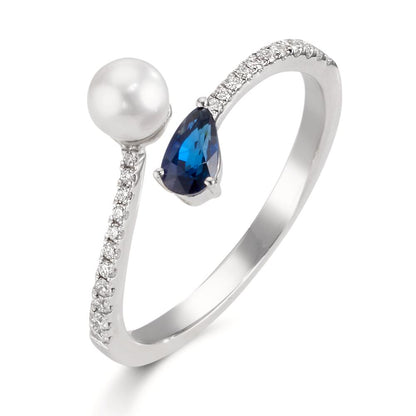 Anillo de dedo 750/oro blanco de 18 quilates Diamante 0.105 ct, w-si, Zafiro Perlas akoya 3.5-4 mm