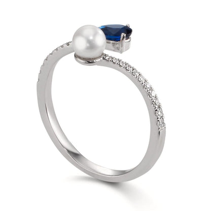 Anillo de dedo 750/oro blanco de 18 quilates Diamante 0.105 ct, w-si, Zafiro Perlas akoya 3.5-4 mm