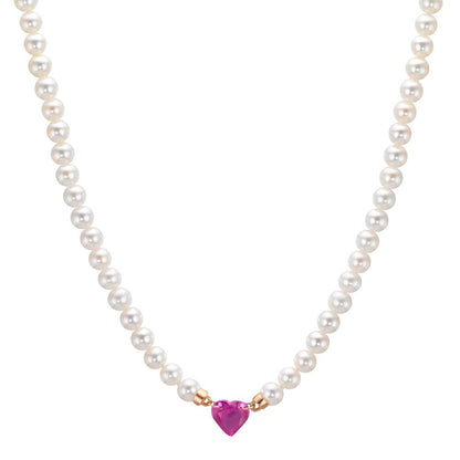 Collar 750/oro rojo de 18 quilates Rubí 0.62 ct Perla cultivada de agua dulce, 3.5 mm Corazón 40-44 cm