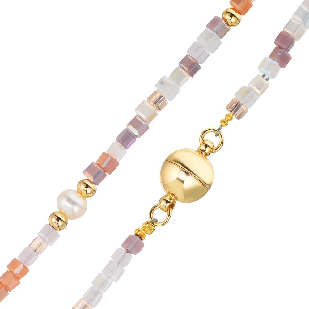 Collar Acero inoxidable Cristal rosa Amarillo Recubierto de IP Perla cultivada de agua dulce, 5 Perlas 4-4.5 mm 43 cm