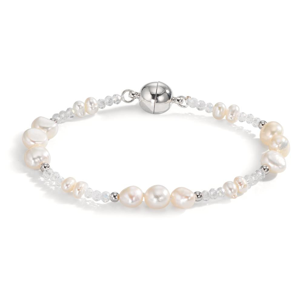 Pulsera Acero inoxidable Cristal blanco Perla cultivada de agua dulce blanco 18.5 cm