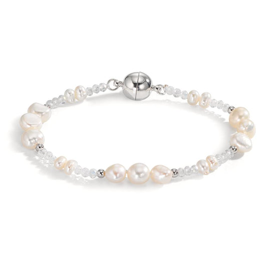 Pulsera Acero inoxidable Cristal blanco Perla cultivada de agua dulce blanco 18.5 cm